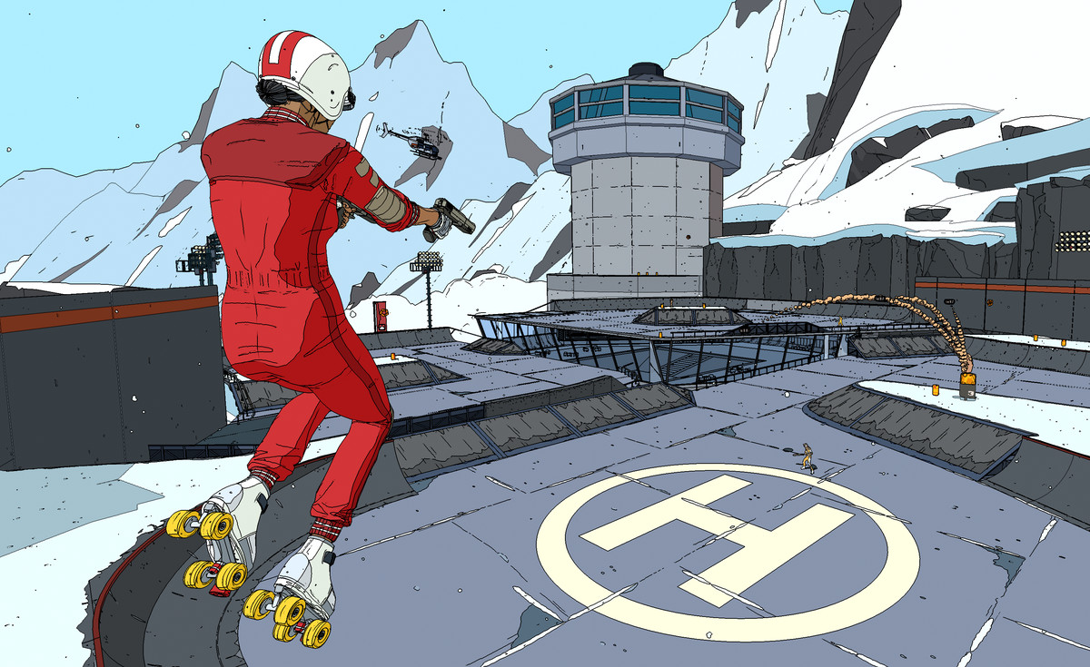 一个穿着溜冰鞋、穿着红色连体衣的人拿着枪瞄准，在高空飞行，一切都是卡通渲染的艺术风格。
